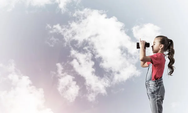 Little Cute Girl Overalls Sky Background Dreaming Future — Stock Photo, Image