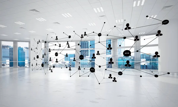 Lines connected with dots as social communication concept in office interior. 3D rendering