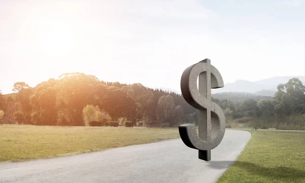 Dinero y concepto de riqueza presentado por el símbolo del dólar de piedra en el camino de asfalto — Foto de Stock