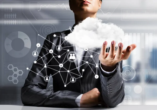 Businessman Suit Keeping Cloud Network Connections Hand Office View Background — Stock Photo, Image
