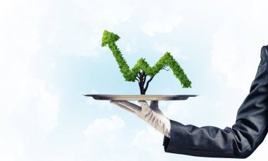 Tepsi üzerinde büyüyen grafik sunan garson el.