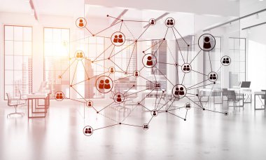 Noktalarla bağlantılı çizgiler ofis içi sosyal iletişim konsepti olarak. 3B görüntüleme