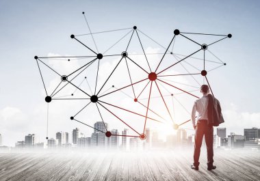 İşadamı arkasını kolluyor ve ağ çizimi kavramına bakıyor