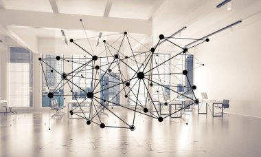 Noktalarla bağlantılı çizgiler ofis içi sosyal iletişim konsepti olarak. 3B görüntüleme