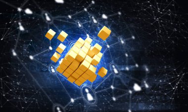 Koyu arkaplanda dijital küp figürüne sahip internet ve ağ kavramı