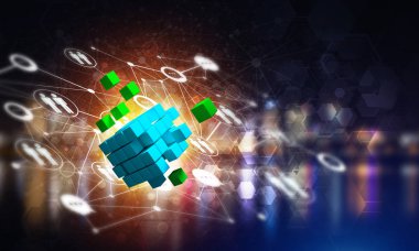Koyu arkaplanda dijital küp figürüne sahip internet ve ağ kavramı