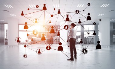 3D ofis içi ve sosyal bağlantı kavramındaki zarif iş adamı. Karışık ortam