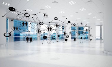 Noktalarla bağlantılı çizgiler ofis içi sosyal iletişim konsepti olarak. 3B görüntüleme