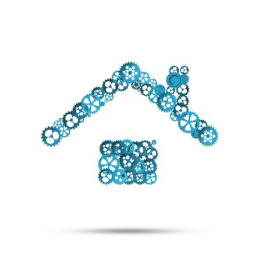 Beyaz arka planda ev simgesi tarafından sunulan gayrimenkul veya inşaat fikri