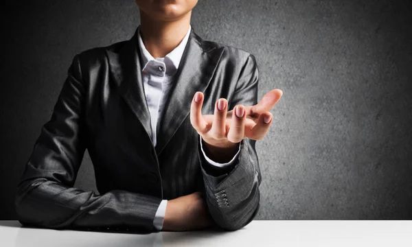 Cropped Image Businessman Black Suit Presenting Empty Palm Gray Concrete — Stock Photo, Image