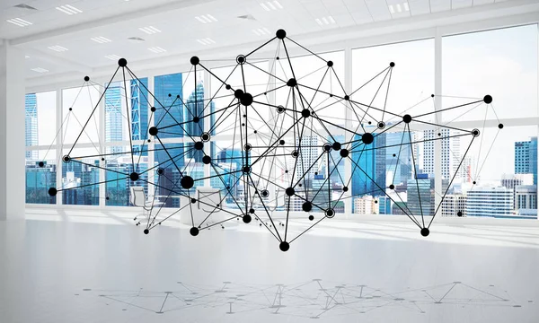 Lines connected with dots as social communication concept in office interior. 3D rendering