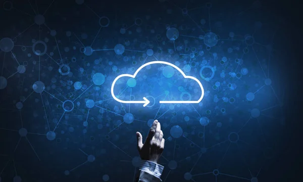 Technologie-Ideenkonzept mit glühender Cloud-Ikone und Fingerberührung — Stockfoto