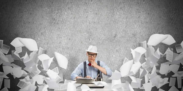 Young Man Writer Hat Eyeglasses Using Typing Machine While Sitting — Stock Photo, Image