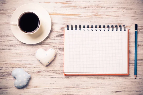 Coffee Cup Notepad Pencil Two Hearts Wooden Surface — Stock Photo, Image