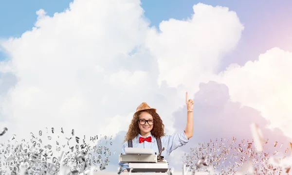 Young Beautiful Woman Writer Hat Eyeglasses Using Typing Machine Pointing — Stock Photo, Image