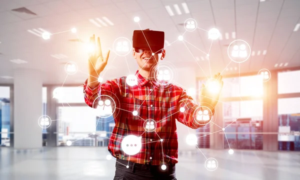 Young Man Virtual Reality Headset Glasses Social Connection Background Mixed — Stock Photo, Image