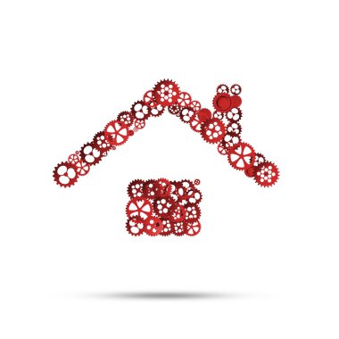 Beyaz arka planda ev simgesi tarafından sunulan gayrimenkul veya inşaat fikri