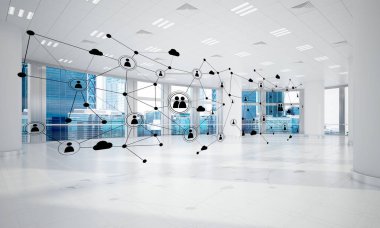 Noktalarla bağlantılı çizgiler ofis içi sosyal iletişim konsepti olarak. 3B görüntüleme