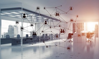 Noktalarla bağlantılı çizgiler ofis içi sosyal iletişim konsepti olarak. 3B görüntüleme