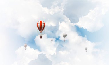 Üzerinde mavi bulutlu gökyüzü uçan renkli aerostats. 3D render.