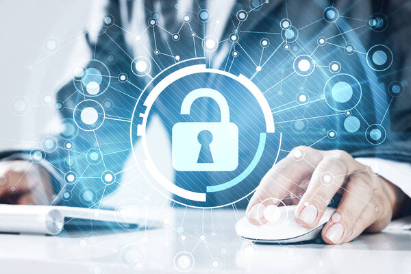 Концепция интернет-безопасности с вводом пароля женщиной на клавиатуре
