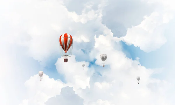 カラフルな気球が青い曇り空の上を飛んでします レンダリング — ストック写真