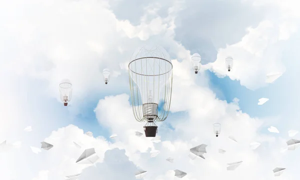 Colorful Aerostats Flying Paper Planes Blue Cloudy Sky Rendering — Stock Photo, Image
