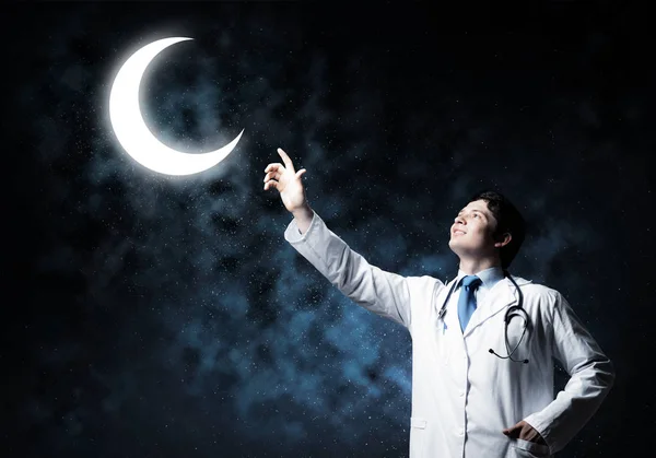 Horizontal Shot Young Professional Male Doctor Interracting Young Moon While — Stock Photo, Image