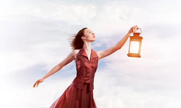 Young Woman Wearing Dress Lantern Cloudy Sky — Stock Photo, Image