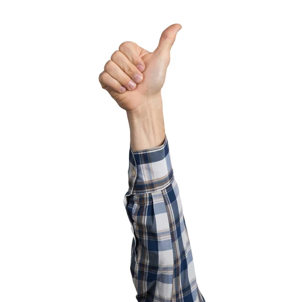 Man hand in checkered shirt showing thumb up — Stock Photo, Image