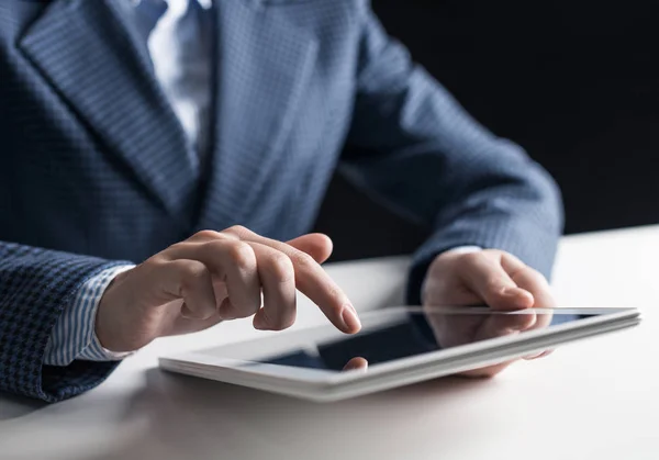 Male hand touching screen of digital tablet — Stock Photo, Image