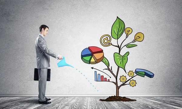 Businessman Watering Drawing Tree Consisted Infographics Consultation Assistance Financial Tree — Stock Photo, Image