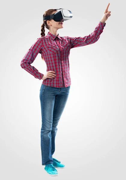 Lady Camicia Scacchi Jeans Con Occhiali Realtà Virtuale Donna Che — Foto Stock