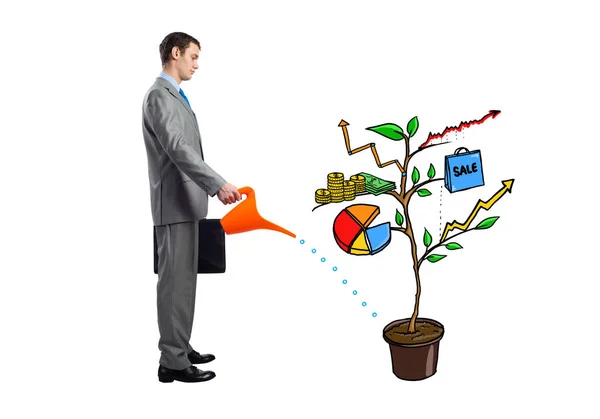 Businessman Watering Drawing Tree Consisted Infographic Symbols Isolated White Background — Stock Photo, Image