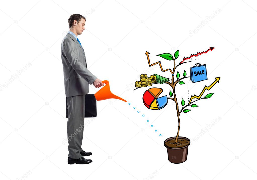 Businessman watering drawing tree consisted of infographic symbols isolated on white background. Planning and strategy of growth. Friendly ecosystem for company development. Consulting and assistance