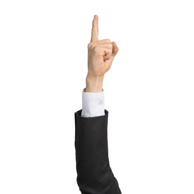 İşadamı el takım elbise gösteren parmak işaret