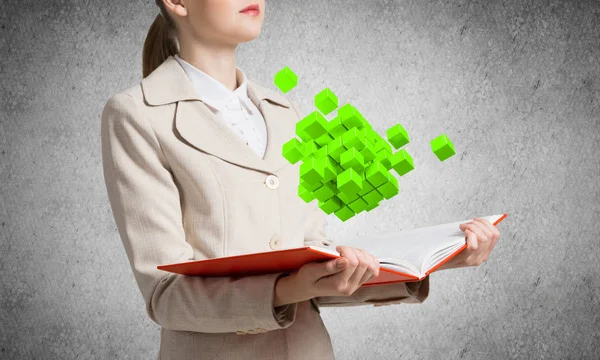 Woman Showing Geometric Green Cubes Composition Digital Technology Innovation Solutions — Stock Photo, Image