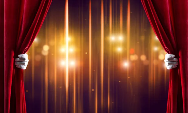 Bokeh lights behind drapery curtain and hand opening it — Stock Photo, Image