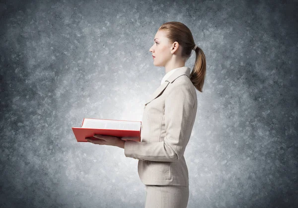 Attractive Woman Holding Open Notebook Background Grey Wall Elegant Young — Stock Photo, Image