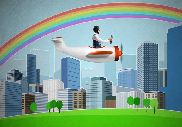Businessman flying in small propeller plane above metropolis. Aviator driving retro airplane on background of city. Cityscape with high skyscrapers and colorful rainbow. Flying dreams concept