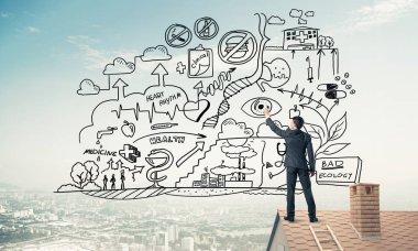 İş başarı planı çizim arka olan genç adam. Karışık teknik