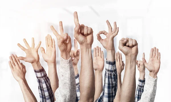 Rij Man Handen Tonen Verschillende Gebaren Vinger Wijzend Overwinning Gespreide — Stockfoto