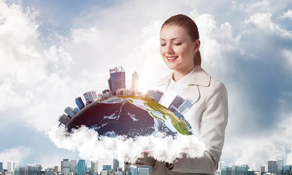 Smiling Woman Looking Earth Globe Open Book Global Business Concept — Stock Photo, Image