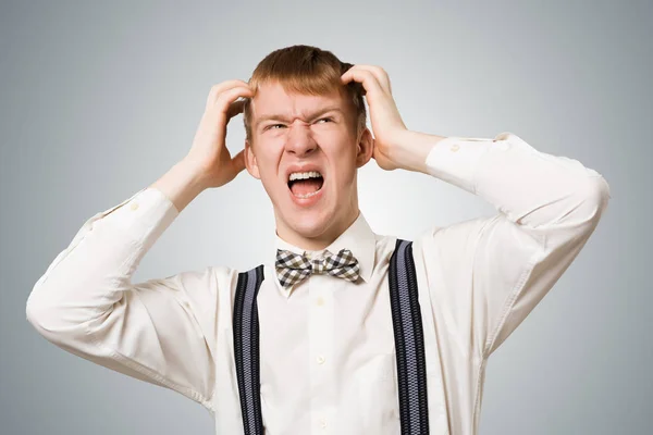 Stressful Hipster Screaming Panic Keeps Hands Head Emotional Redhead Boy — ストック写真