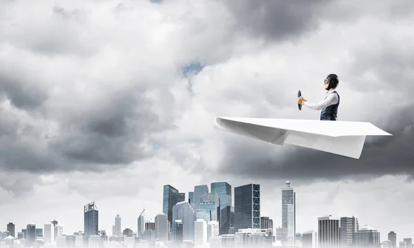 Businessman Aviator Hat Goggles Driving Paper Plane Storm Crisis Management — Stock Photo, Image