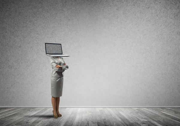 Business woman with laptop instead of head. — Stock Photo, Image