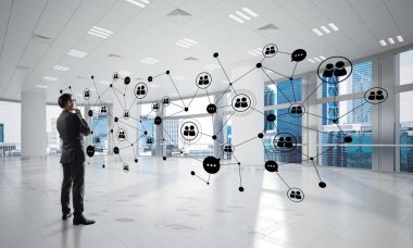 3D ofis içi ve sosyal bağlantı kavramındaki zarif iş adamı. Karışık ortam