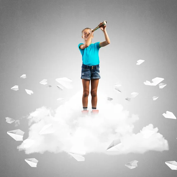 Cute Kid Girl Standing Cloud Paper Planes Flying — Stock Photo, Image