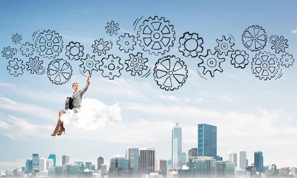 Elegant Businesswoman Sitting Cloud Suitcase Hands — Stock Photo, Image