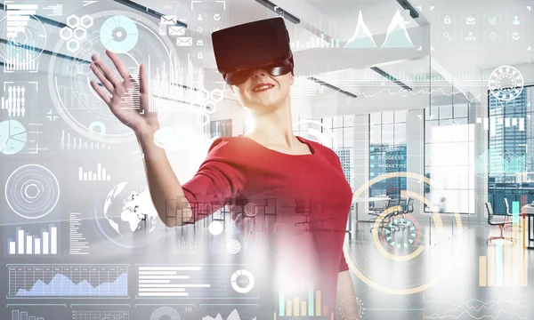 Young Modern Business Woman Red Dress Using Virtual Reality Headset — Stock Photo, Image